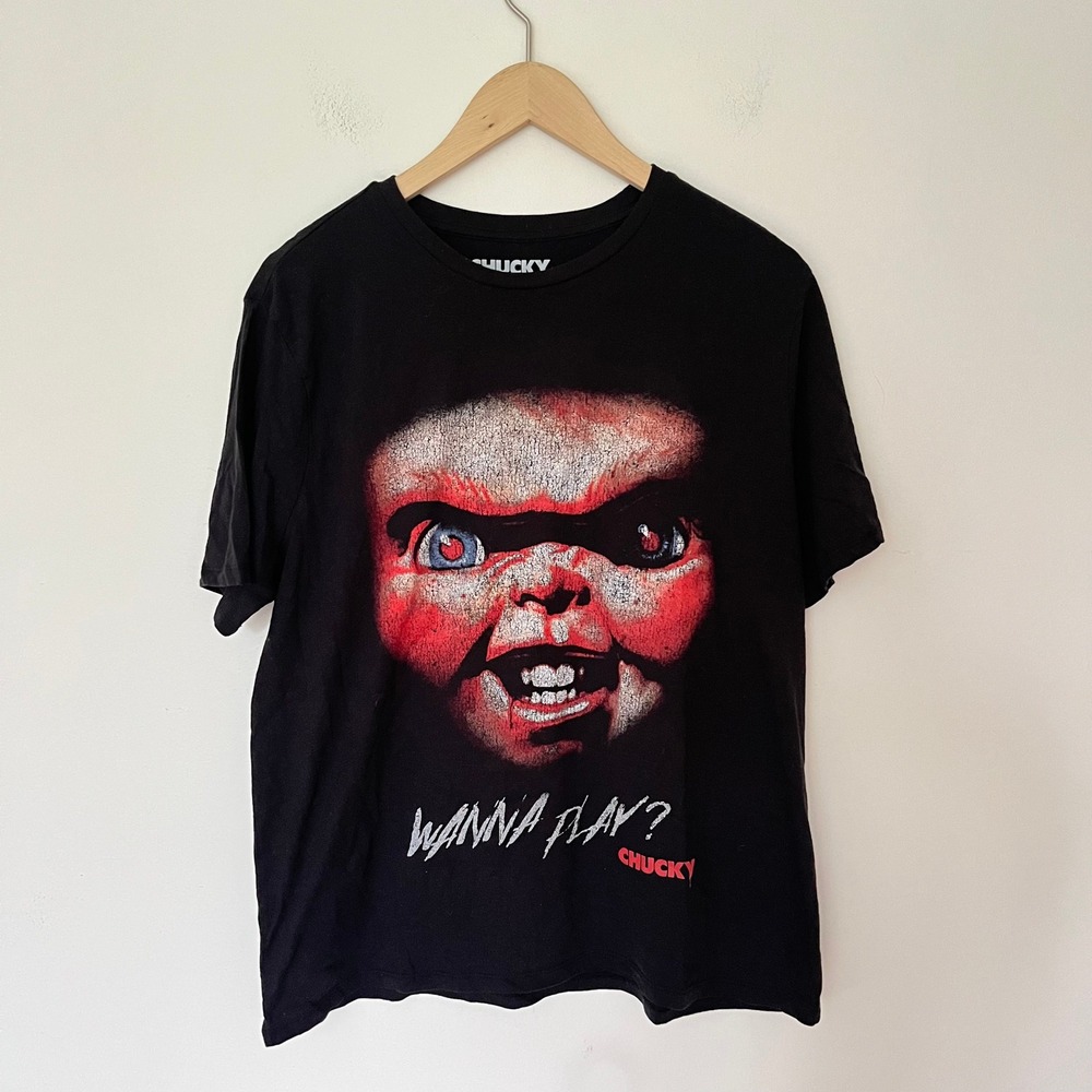Chucky Child's Play Wanna Play Horror Movie Halloween T-Shirt Black Mens Large